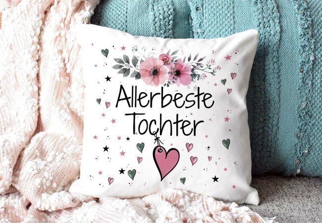 Kissen inkl. Kissenf&uuml;llung mit Spruch - Allerbeste Tochter - Farbkissen R&uuml;ckseite Rosa