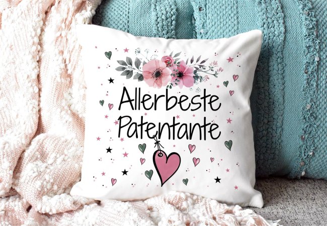 Kissen inkl. Kissenf&uuml;llung mit Spruch - Allerbeste Patentante - Farbkissen R&uuml;ckseite Rosa