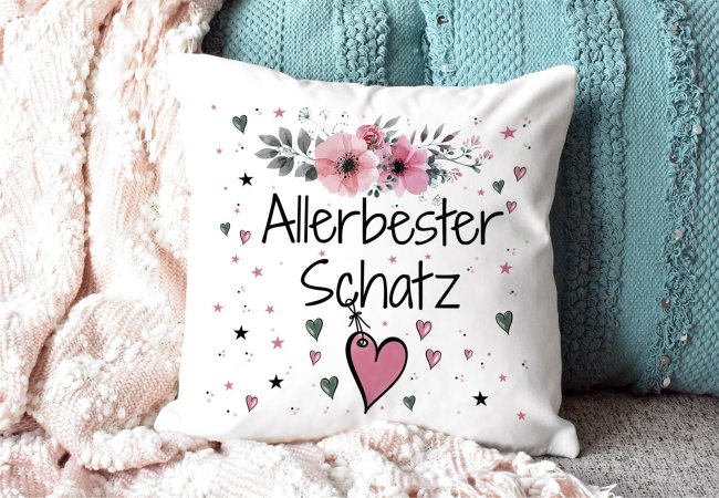 Kissen inkl. Kissenf&uuml;llung mit Spruch - Allerbester Schatz rosa - Kissen Polyester - Wei&szlig;