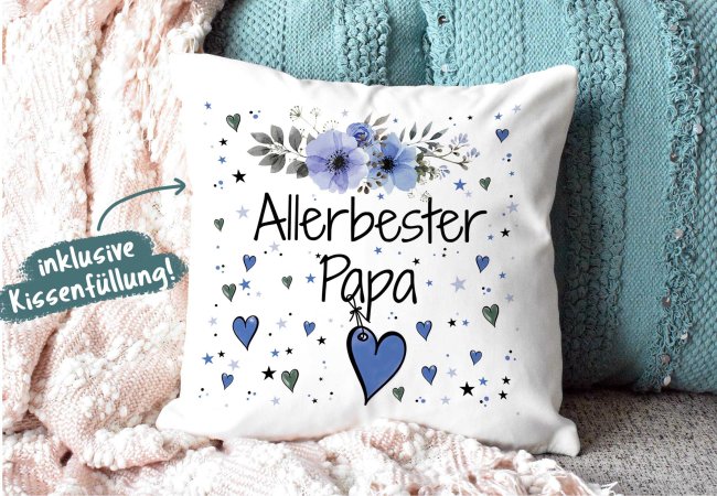 Geschenk-Set aus Tasse und Kissen mit Blumenmotiv - Allerbester Papa - Kissen wei&szlig; - Tasse blau