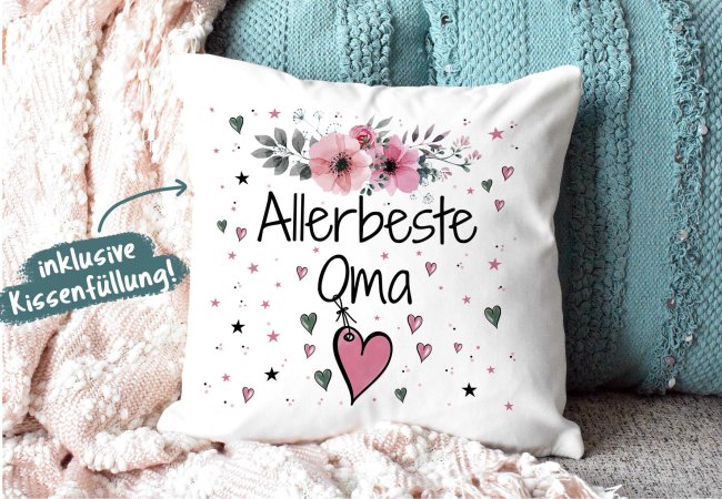 Geschenk-Set aus Tasse und Kissen mit Blumenmotiv - Allerbeste Oma - Kissen wei&szlig; - Tasse rosa