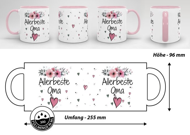 Geschenk-Set aus Tasse und Kissen mit Blumenmotiv - Allerbeste Oma - Kissen wei&szlig; - Tasse rosa
