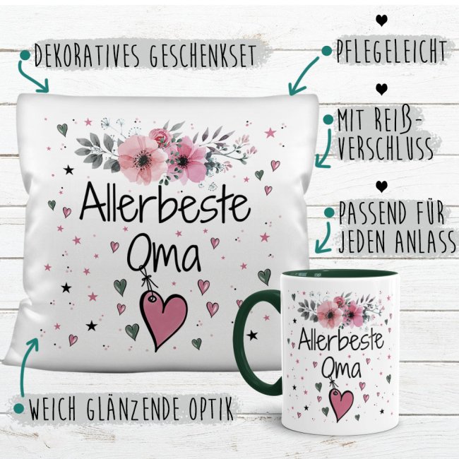 Geschenk-Set aus Tasse und Kissen mit Blumenmotiv - Allerbeste Oma - Kissen wei&szlig; - Tasse dunkelgr&uuml;n