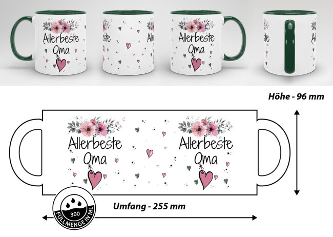 Geschenk-Set aus Tasse und Kissen mit Blumenmotiv - Allerbeste Oma - Kissen wei&szlig; - Tasse dunkelgr&uuml;n