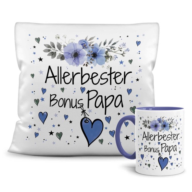 Geschenk-Set aus Tasse und Kissen mit Blumenmotiv - Allerbester Bonus Papa - Kissen wei&szlig; - Tasse blau