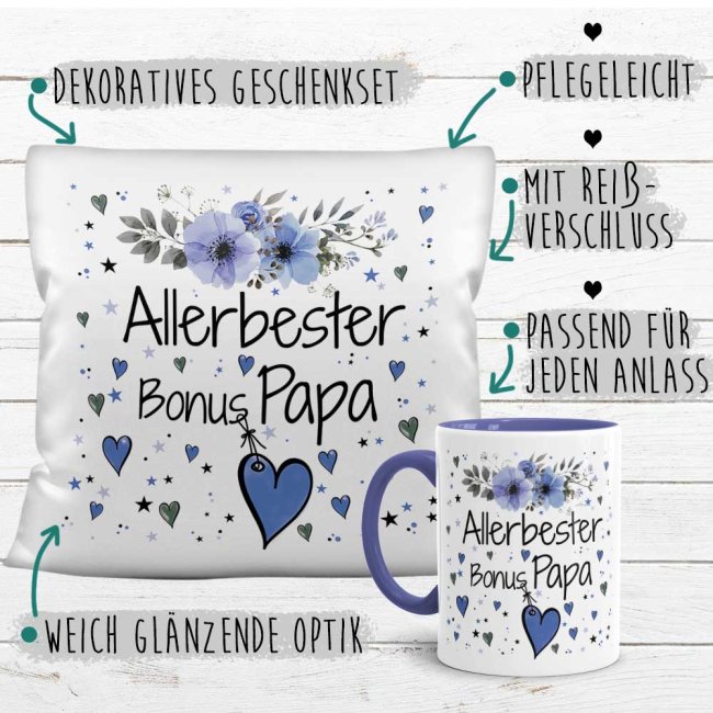 Geschenk-Set aus Tasse und Kissen mit Blumenmotiv - Allerbester Bonus Papa - Kissen wei&szlig; - Tasse blau