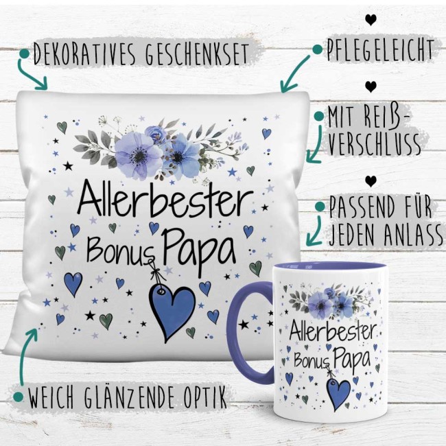 Geschenk-Set aus Tasse und Kissen mit Blumenmotiv - Allerbester Bonus Papa - Kissen weiß - Tasse blau