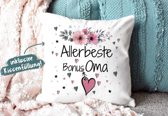 Geschenk-Set aus Tasse und Kissen mit Blumenmotiv - Allerbeste Bonus Oma - Kissen wei&szlig; - Tasse rosa