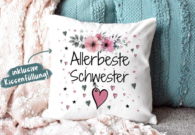 Geschenk-Set aus Tasse und Kissen mit Blumenmotiv - Allerbeste Schwester - Kissen wei&szlig; - Tasse dunkelgr&uuml;n