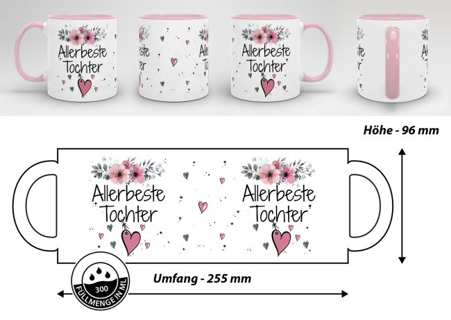 Geschenk-Set aus Tasse und Kissen mit Blumenmotiv - Allerbeste Tochter - Kissen wei&szlig; - Tasse rosa