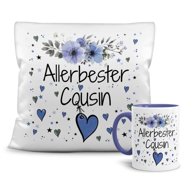 Geschenk-Set aus Tasse und Kissen mit Blumenmotiv - Allerbester Cousin - Kissen wei&szlig; - Tasse blau