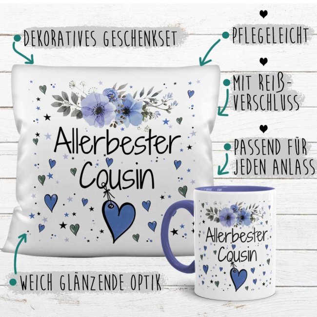 Geschenk-Set aus Tasse und Kissen mit Blumenmotiv - Allerbester Cousin - Kissen wei&szlig; - Tasse blau
