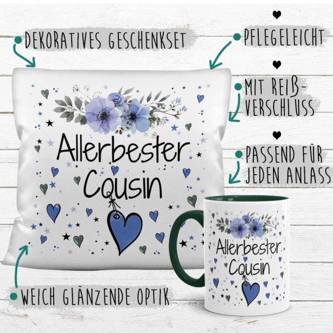 Geschenk-Set aus Tasse und Kissen mit Blumenmotiv - Allerbester Cousin - Kissen wei&szlig; - Tasse dunkelgr&uuml;n