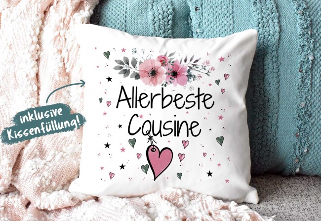 Geschenk-Set aus Tasse und Kissen mit Blumenmotiv - Allerbeste Cousine - Kissen wei&szlig; - Tasse dunkelgr&uuml;n