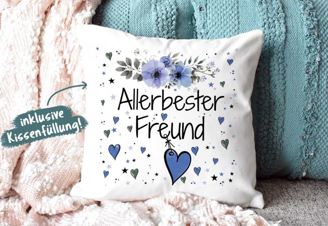 Geschenk-Set aus Tasse und Kissen mit Blumenmotiv - Allerbester Freund Kissen wei&szlig; - Tasse blau