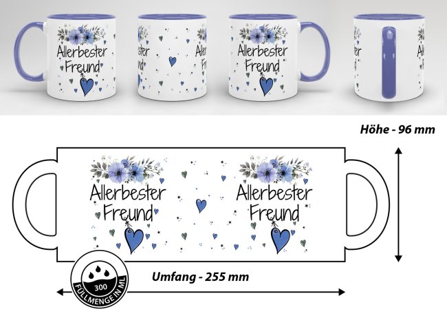Geschenk-Set aus Tasse und Kissen mit Blumenmotiv - Allerbester Freund Kissen wei&szlig; - Tasse blau
