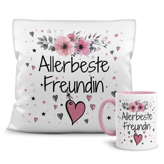 Geschenk-Set aus Tasse und Kissen mit Blumenmotiv - Allerbeste Freundin - Kissen wei&szlig; - Tasse rosa