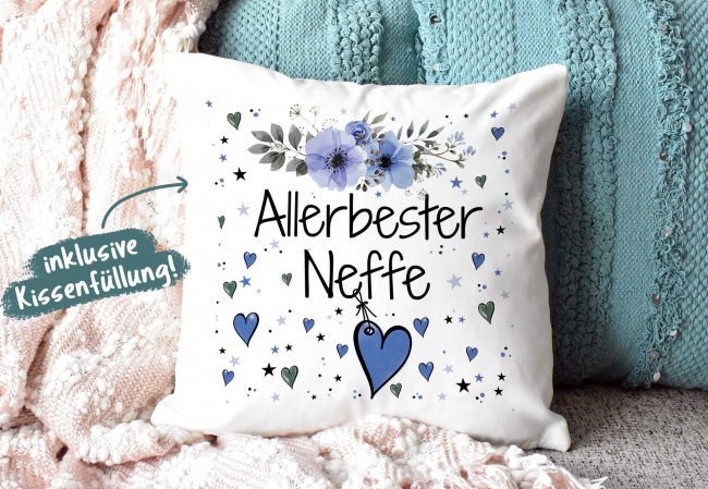 Geschenk-Set aus Tasse und Kissen mit Blumenmotiv - Allerbester Neffe - Kissen wei&szlig; - Tasse blau