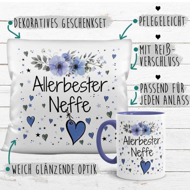 Geschenk-Set aus Tasse und Kissen mit Blumenmotiv - Allerbester Neffe - Kissen wei&szlig; - Tasse blau