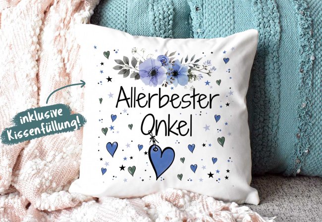 Geschenk-Set aus Tasse und Kissen mit Blumenmotiv - Allerbester Onkel - Kissen wei&szlig; - Tasse dunkelgr&uuml;n