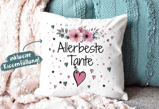 Geschenk-Set aus Tasse und Kissen mit Blumenmotiv - Allerbeste Tante - Kissen wei&szlig; - Tasse rosa