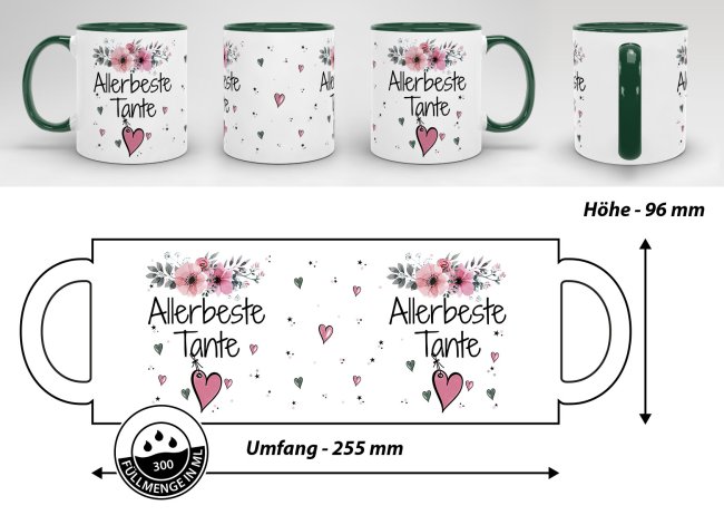 Geschenk-Set aus Tasse und Kissen mit Blumenmotiv - Allerbeste Tante - Kissen wei&szlig; - Tasse dunkelgr&uuml;n