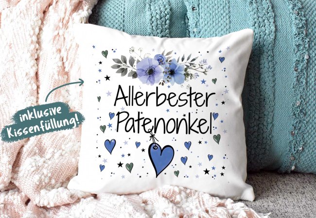 Geschenk-Set aus Tasse und Kissen mit Blumenmotiv - Allerbester Patenonkel - Kissen wei&szlig; - Tasse dunkelgr&uuml;n