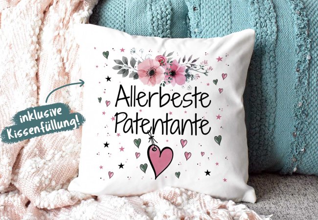 Geschenk-Set aus Tasse und Kissen mit Blumenmotiv - Allerbeste Patentante - Kissen wei&szlig; - Tasse dunkelgr&uuml;n