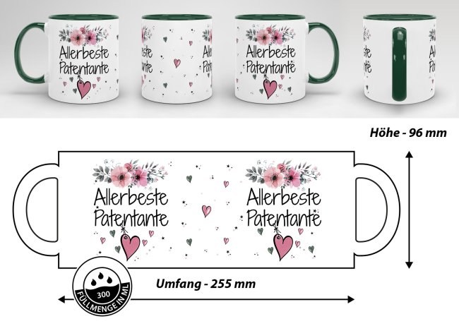 Geschenk-Set aus Tasse und Kissen mit Blumenmotiv - Allerbeste Patentante - Kissen wei&szlig; - Tasse dunkelgr&uuml;n