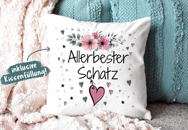 Geschenk-Set aus Tasse und Kissen mit Blumenmotiv - Allerbester Schatz rosa - Kissen wei&szlig; - Tasse rosa