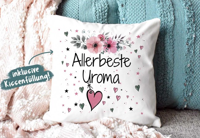 Geschenk-Set aus Tasse und Kissen mit Blumenmotiv - Allerbeste Uroma - Kissen wei&szlig; - Tasse rosa