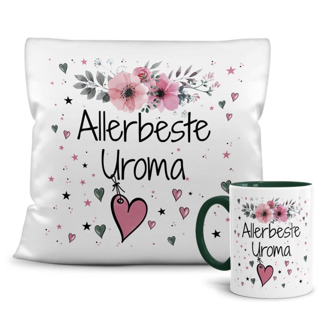 Geschenk-Set aus Tasse und Kissen mit Blumenmotiv - Allerbeste Uroma - Kissen wei&szlig; - Tasse dunkelgr&uuml;n