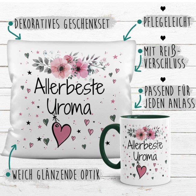 Geschenk-Set aus Tasse und Kissen mit Blumenmotiv - Allerbeste Uroma - Kissen wei&szlig; - Tasse dunkelgr&uuml;n