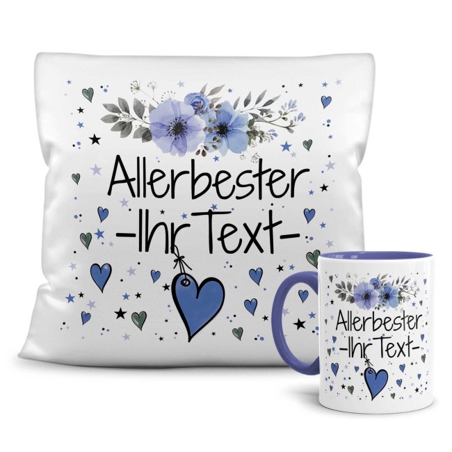 Geschenk-Set aus Tasse und Kissen mit Blumenmotiv - Allerbester WUNSCHNAME blau - Kissen wei&szlig; - Tasse blau