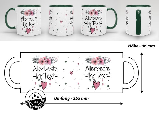 Geschenk-Set aus Tasse und Kissen mit Blumenmotiv - Allerbeste WUNSCHNAME rosa - Kissen wei&szlig; - Tasse dunkelgr&uuml;n