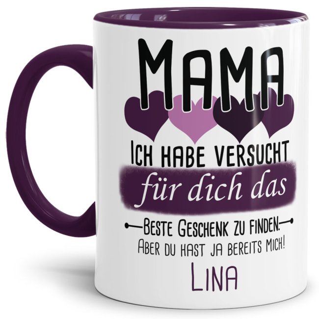 Tasse von WUNSCHNAME - F&uuml;r Mama von einem Kind - Innen &amp; Henkel Violett