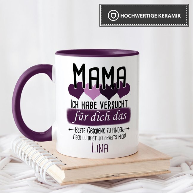 Tasse von WUNSCHNAME - F&uuml;r Mama von einem Kind - Innen &amp; Henkel Violett