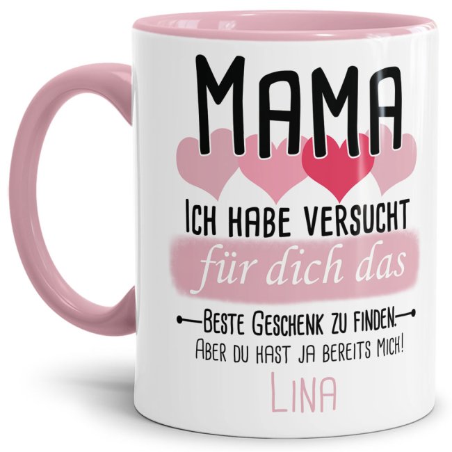 Tasse von WUNSCHNAME - F&uuml;r Mama von einem Kind - Innen &amp; Henkel Rosa