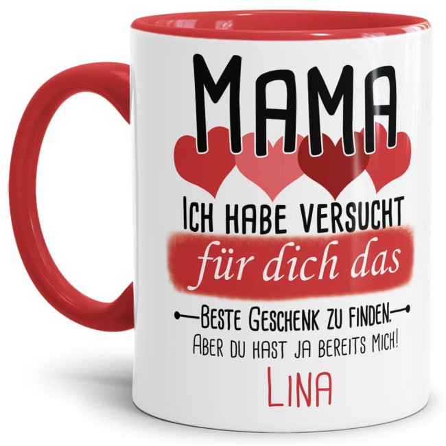 Tasse von WUNSCHNAME - F&uuml;r Mama von einem Kind - Innen &amp; Henkel Rot