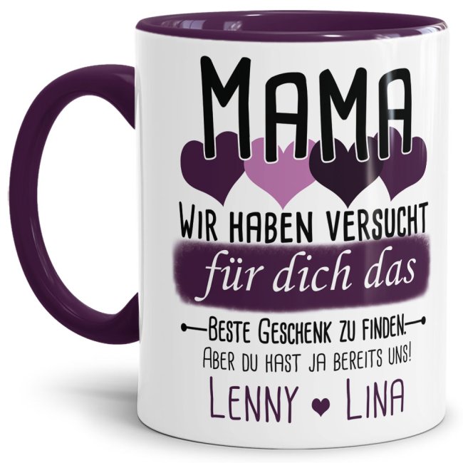 Tasse von WUNSCHNAMEN - F&uuml;r Mama von mehr Kindern - Innen &amp; Henkel Violett