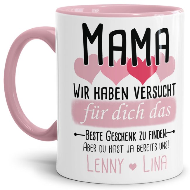 Tasse von WUNSCHNAMEN - F&uuml;r Mama von mehr Kindern - Innen &amp; Henkel Rosa