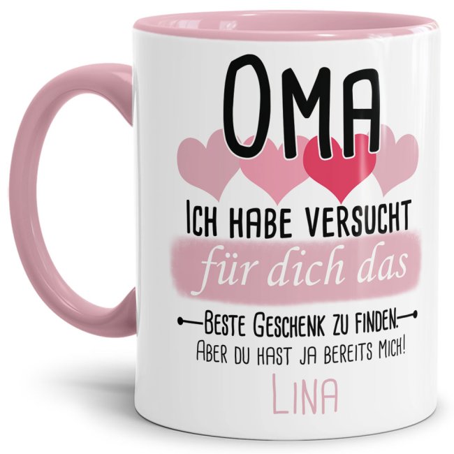 Tasse von WUNSCHNAME - F&uuml;r Oma von einem Kind - Innen &amp; Henkel Rosa