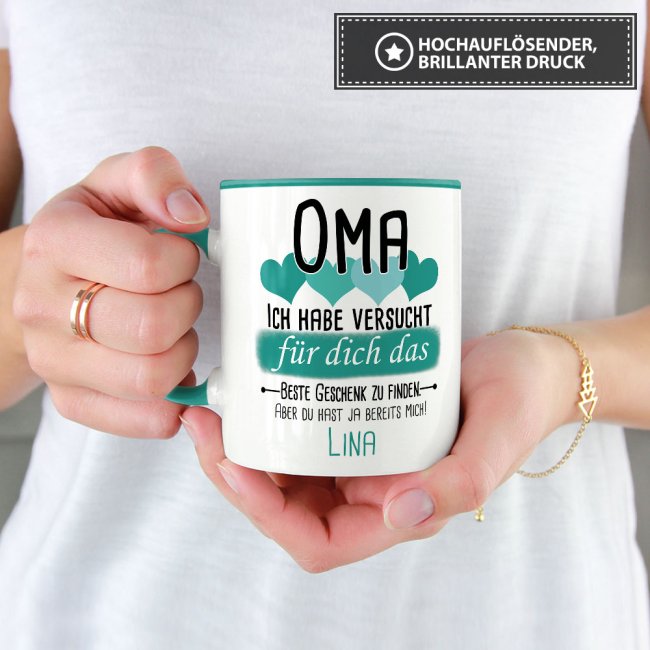 Tasse von WUNSCHNAME - F&uuml;r Oma von einem Kind - Innen &amp; Henkel T&uuml;rkis