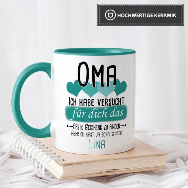 Tasse von WUNSCHNAME - F&uuml;r Oma von einem Kind - Innen &amp; Henkel T&uuml;rkis