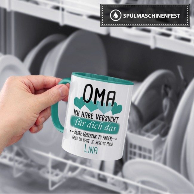 Tasse von WUNSCHNAME - F&uuml;r Oma von einem Kind - Innen &amp; Henkel T&uuml;rkis