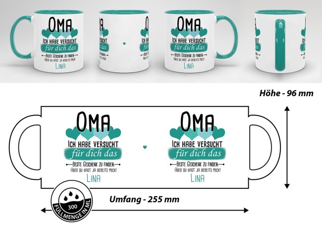 Tasse von WUNSCHNAME - F&uuml;r Oma von einem Kind - Innen &amp; Henkel T&uuml;rkis