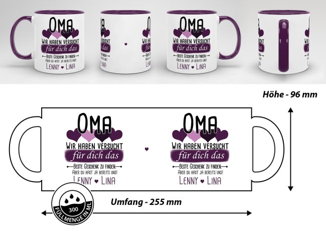 Tasse von WUNSCHNAMEN - F&uuml;r Oma von mehr Kindern - Innen &amp; Henkel Violett