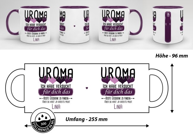 Tasse von WUNSCHNAME - F&uuml;r Uroma von einem Kind - Innen &amp; Henkel Violett