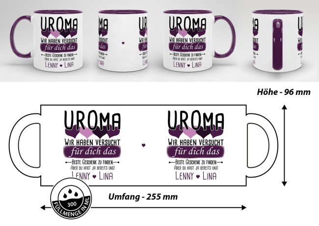 Tasse von WUNSCHNAMEN - F&uuml;r Uroma von mehr Kindern - Innen &amp; Henkel Violett
