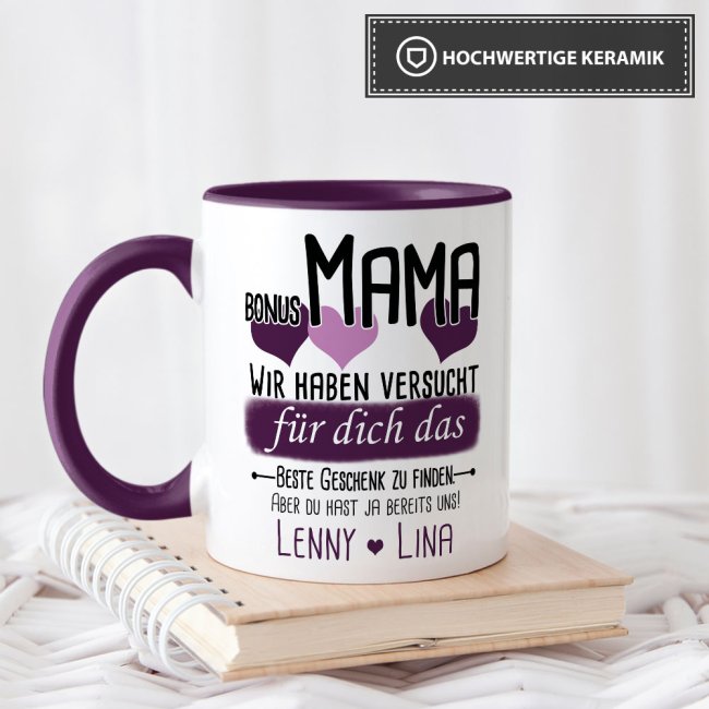 Tasse von WUNSCHNAMEN - F&uuml;r Bonus-Mama von mehr Kindern - Innen &amp; Henkel Violett